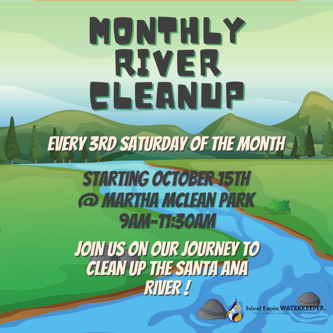 IE_Waterkeeper's tweet photo. Catch us at Martha McLean Park tomorrow for our first monthly cleanup at 9am!! We will be doing a monthly cleanup every third Saturday of the month. We hope to see you all there 🚮🚮🌊🐟 https://t.co/A0lRn5ah0b