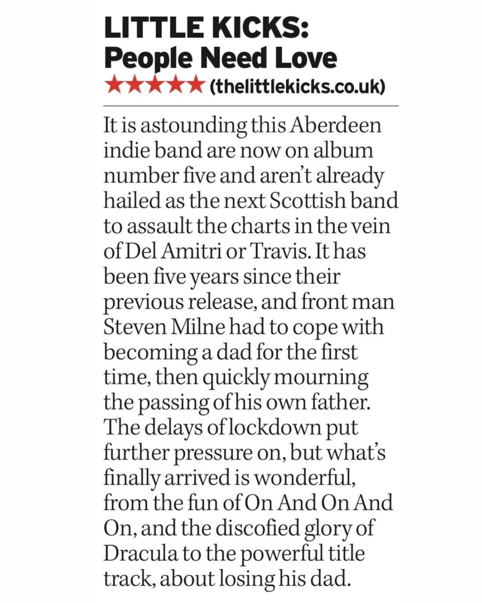 The Little Kicks (@thelittlekicks) on Twitter photo Our new album got ⭐️⭐️⭐️⭐️⭐️ in the <a href="/Daily_Express/">Daily Express</a> today. Don’t usually get too up nor down about such things but on the eve of the Aberdeen show it’s given us such a boost. Thanks so much to everyone who has been kind about the LP. Hope to see you soon! linktr.ee/thelittlekicks Our new album got ⭐️⭐️⭐️⭐️⭐️ in the <a href="/Daily_Express/">Daily Express</a> today. Don’t usually get too up nor down about such things but on the eve of the Aberdeen show it’s given us such a boost. Thanks so much to everyone who has been kind about the LP. Hope to see you soon! linktr.ee/thelittlekicks