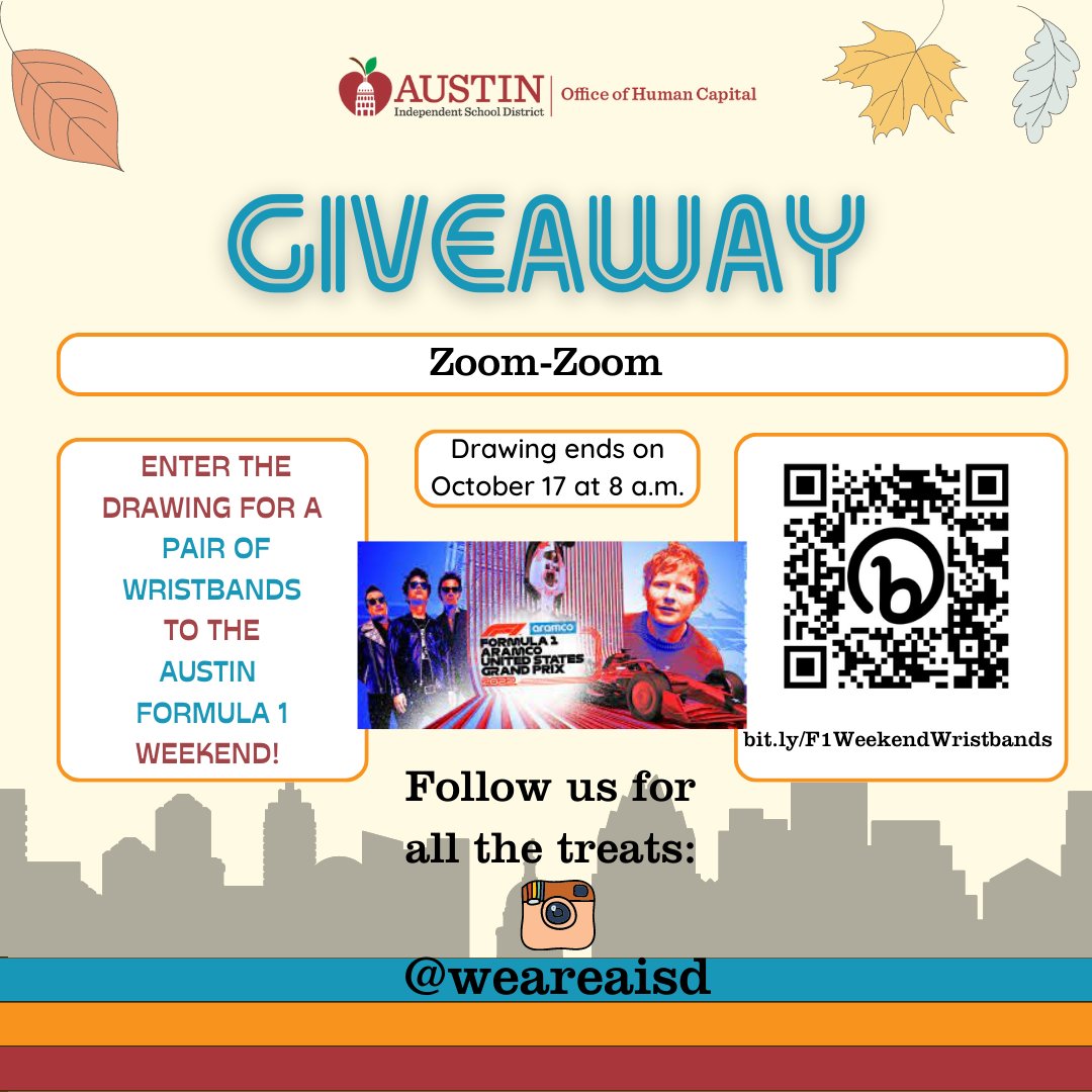 Austin ISD Office of Talent Strategy (@weareaisd) on Twitter photo Surprise!!!
The giveaway for a pair of F1 wristbands is still open for <a href="/AustinISD/">Austin ISD</a> teachers! It will now close on Monday, October 17!
Enter here: bit.ly/F1WeekendWrist…
Be sure to enter and tell your friends! 🌟 Surprise!!!
The giveaway for a pair of F1 wristbands is still open for <a href="/AustinISD/">Austin ISD</a> teachers! It will now close on Monday, October 17!
Enter here: bit.ly/F1WeekendWrist…
Be sure to enter and tell your friends! 🌟