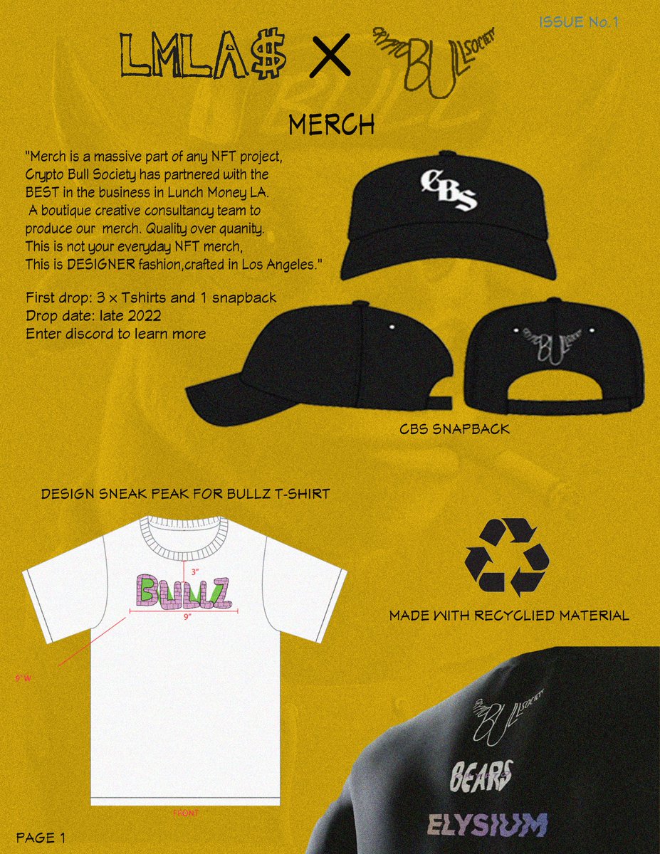 Crypto Bull Society issue No1 page No #1
LMLA X Crypto Bull Society : Merch
👕👕👕🧢
(Issue cover pinned to profile)
#LMLA #NFTmerch #nftmagazine
<a href="/Crypto_Bull_NFT/">CryptoBull</a> #BeABull #RunWithUs  
#FanArt collab with <a href="/Mark08nft/">Marko 🇮🇪</a> 🎨