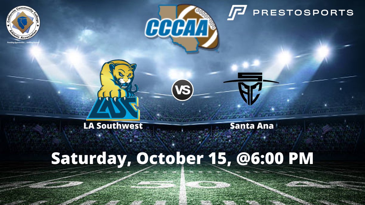 juco_fball's tweet photo. 6:00 PM
LA Southwest vs Santa Ana | CCCAA FOOTBALL
🔗 https://t.co/YJjs7kezFW
October 15, 2022
Video | Live stats | Preview
@sacdonsFB @CoachAWhite @coachjudeoliva1 @CoachPeeps @officialca5 @SACDons @CoachDC40 @daylenfuller24 @JustinHarrisJr2 @SantaAnaCollege @JacobCrespin2 https://t.co/87aWRDGOPe