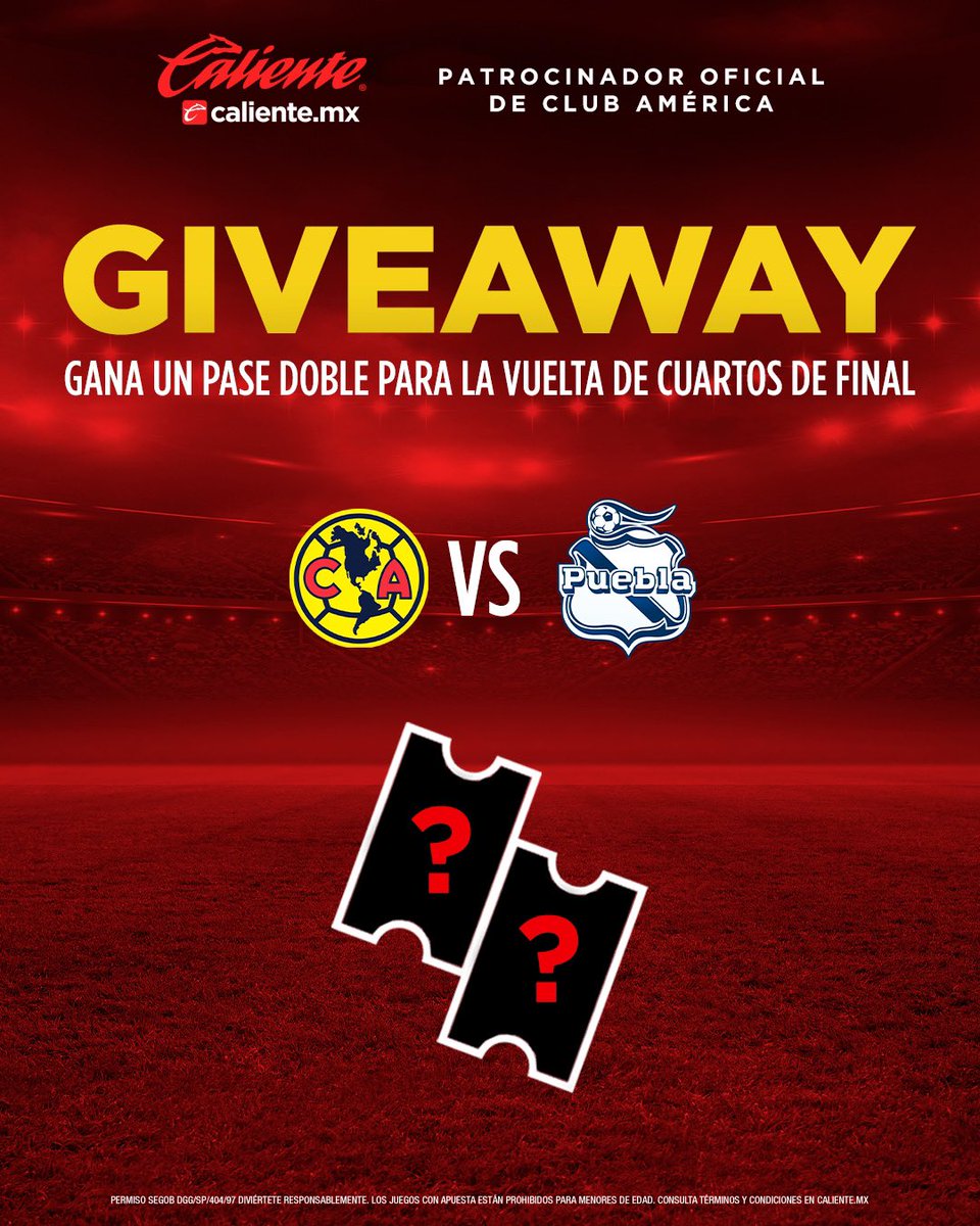 ClubAmerica's tweet photo. 🦅 GIVEAWAY AZULCREMA
 
¡Participa por UN PASE DOBLE junto a @calientesports para asistir a la VUELTA de CUARTOS DE FINAL! Sigue los pasos y estarás participando 
1️⃣Dale RT y ❤️
2️⃣Sigue a @calientesports en TW/IG 📲 https://t.co/SkyrpfG8VH
3️⃣Comenta el HT #MásAcciónMásDiversión🔥 https://t.co/3oEgwjKiiK