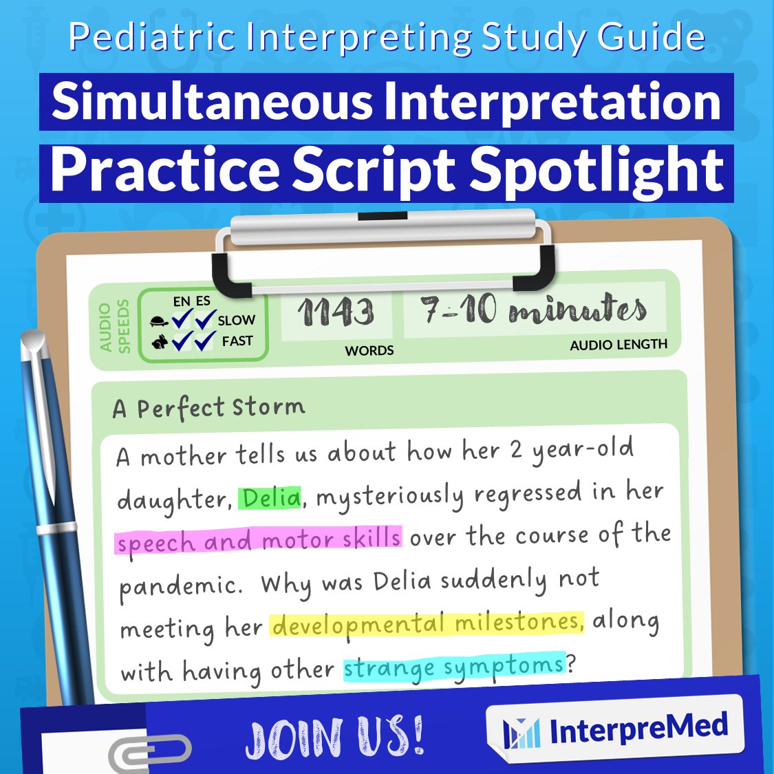 InterpreMed_'s tweet photo. Up-and-coming: this new original #simultaneous #interpretation practice script as part of our pediatric interpreting study guide! Available in slow & fast, English & Spanish #1nt #simultaneousinterpretation #medicalinterpretation https://t.co/GKF51TmATv