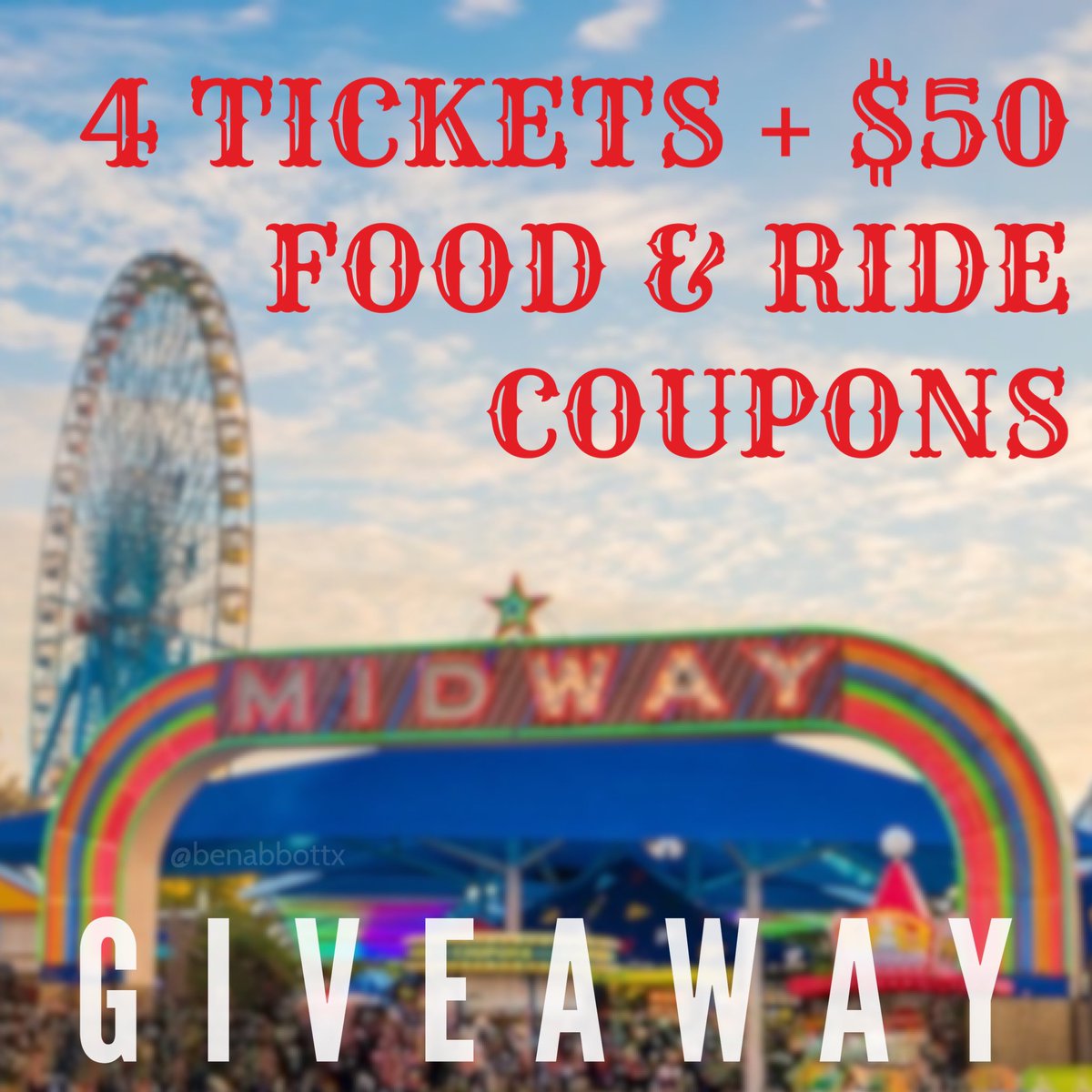 BenAbbottTX's tweet photo. GIVEAWAY: Enter to win 4 Tickets and $50 worth of food and ride coupons to the State Fair of Texas 🎡!
 
HOW TO ENTER:
🤠FOLLOW 🤠LIKE 🤠RETWEET
🤠TAG 3
 
For additional entries, enter through our IG&amp;FB @BenAbbottTX

DRAWING: Fri Oct 21 at 12:00pm. live on Facebook https://t.co/rxMSBL1nPx