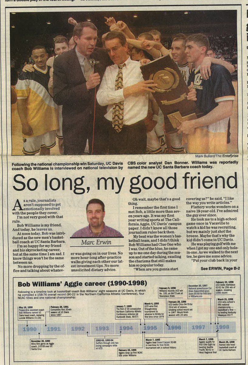 Throwback to UC Davis Hall of Fame Coach Bob Williams after UC Davis’ 1997-98 National Championship title victory. Coach Williams will be officially added to the Cal Aggie Athletics Hall of Fame this weekend. #GoAgs