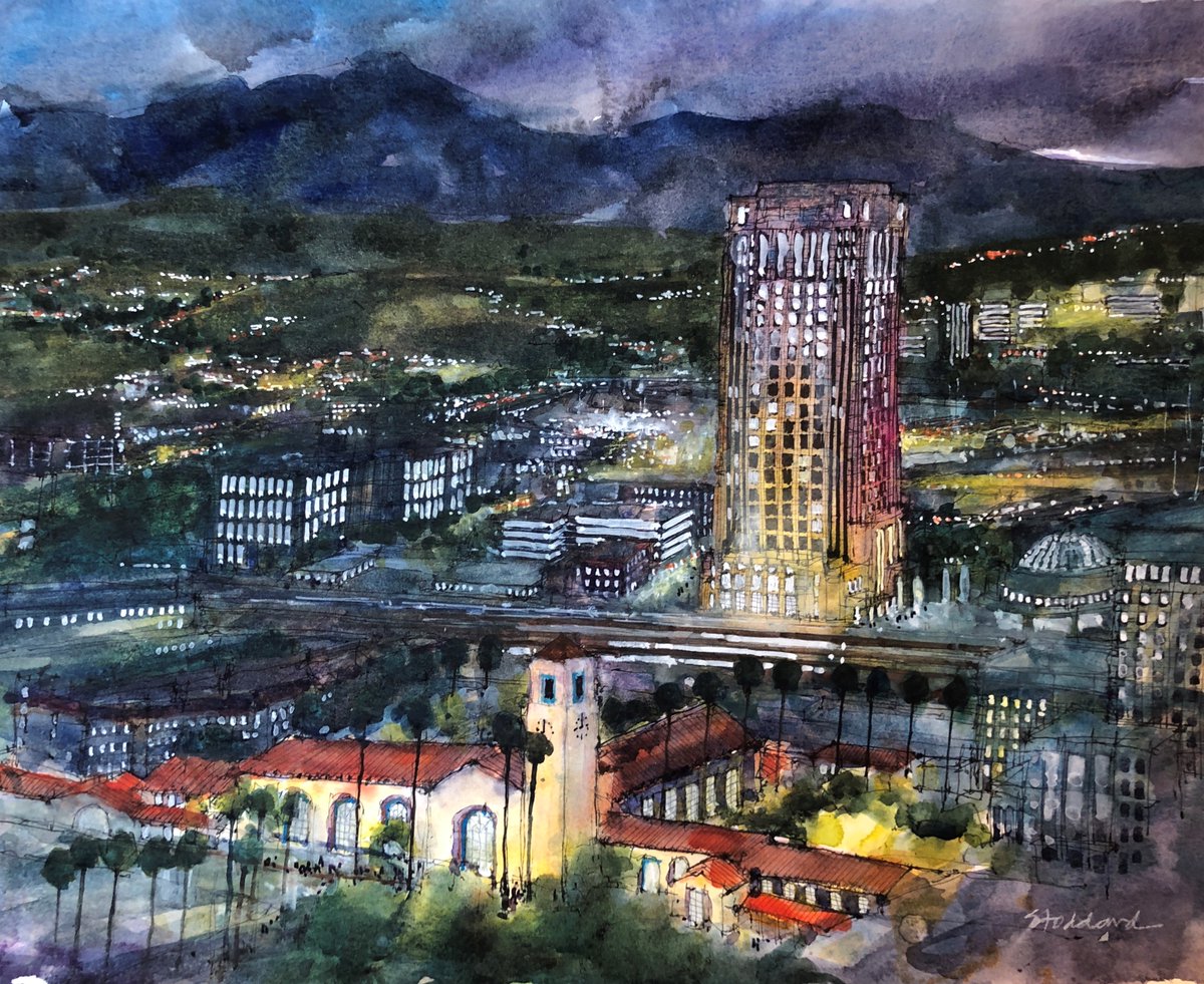 Metrolink's tweet image. The adventures of 𝑱𝒐𝒔𝒆𝒑𝒉 𝑺𝒕𝒐𝒅𝒅𝒂𝒓𝒅: This is a view of @unionstationla from the LA City Hall observation deck. Check out more of Stoddard's pieces at the "Urban Sketchbook" show open through October 22 at Creative Arts Group in Sierra Madre (108 N Baldwin Ave).