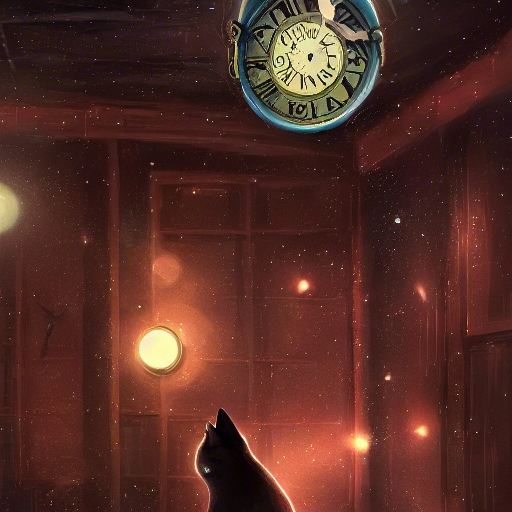 CryptoO_STaTioN's tweet photo. A dark A cute cat taking a selfie of  bright stars in a room of old ticking...
#NFTCommunity #aiart #NFTs #Solana #NFT https://t.co/iZzN0tJXBG
