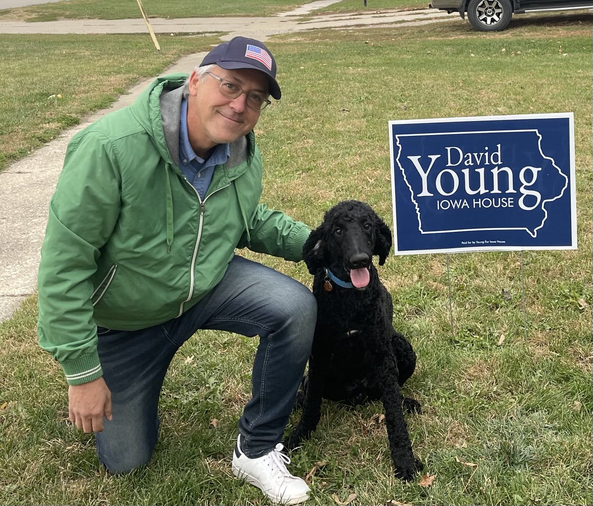 YoungforIAHouse's tweet photo. Another successful day knocking doors and meeting folks across HD28! Buddy let me put a sign in the yard. And then asked for a picture with me. Thanks, Buddy! https://t.co/A13wthUn5A