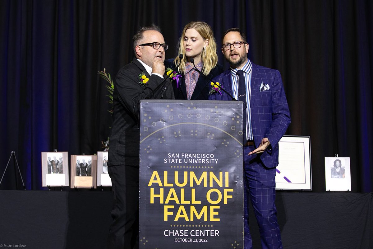 SFSketchfest's tweet photo. SF Sketchfest Founders/Directors David Owen, @janetvarney &amp; @colestratton were delighted and honored to be inducted into the @SFSU Alumni Hall of Fame last night at the Chase Center. Thank you to everyone who made this possible. https://t.co/fmEmUFw3yV