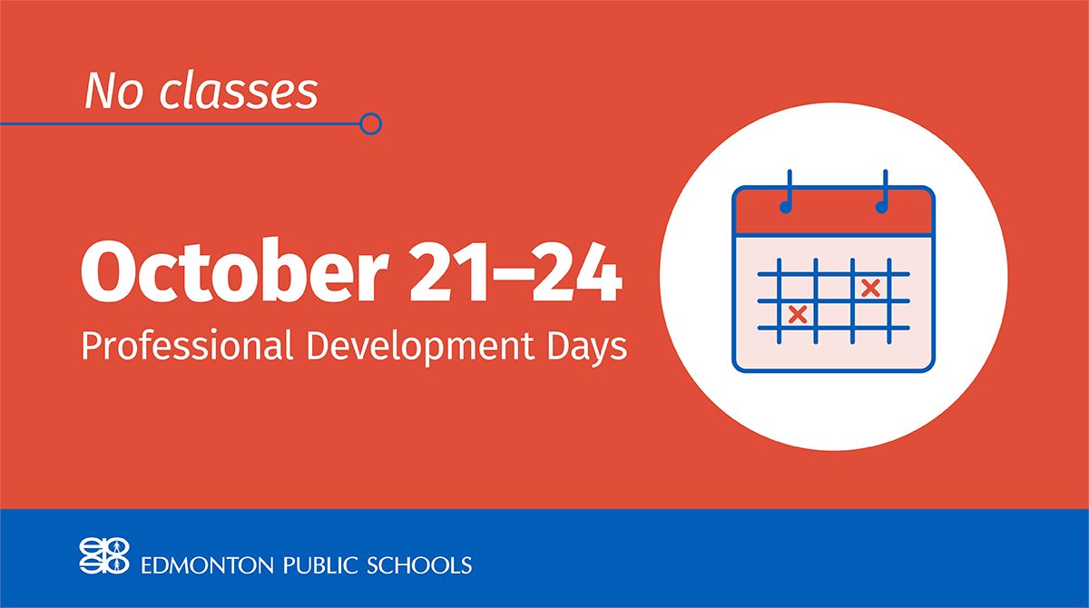 EPSBNews's tweet photo. For most #EPSB schools, there are no classes Friday, October 21 and Monday, October 24 for Professional Development (PD) Days. View the 2022-23 school year calendar for more important dates: https://t.co/yM206iBY9D #yeg https://t.co/AIQOQ68vBs