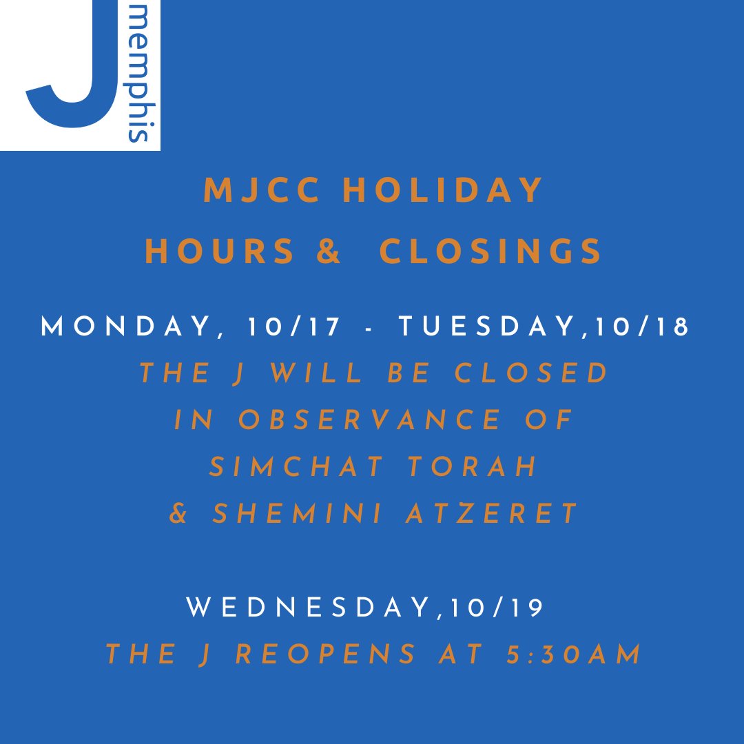 The MJCC will be closed Monday, 10/17 &amp; Tuesday,10/18 in observance of Simchat Torah &amp; Shemini Atzeret. The J reopens at 5:30am Wednesday,10/19.
Chag Sameach!
