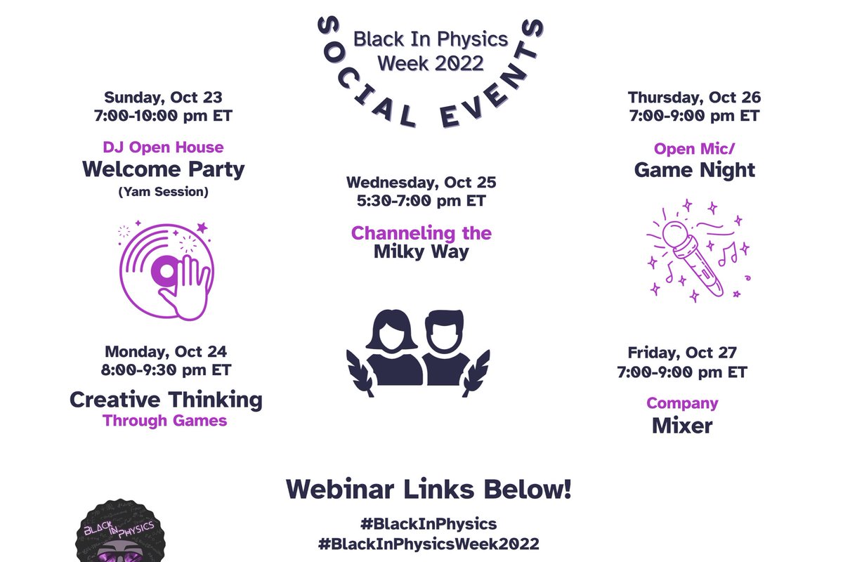 BlackinPhysics's tweet photo. Check out our social events for Black in Physics Week 2022 and register today!
https://t.co/GPa5nZICHW 

#BlackinPhysics
#BlackinPhysicsWeek2022
#JoyinPhysics https://t.co/G9Cc7fWyxq