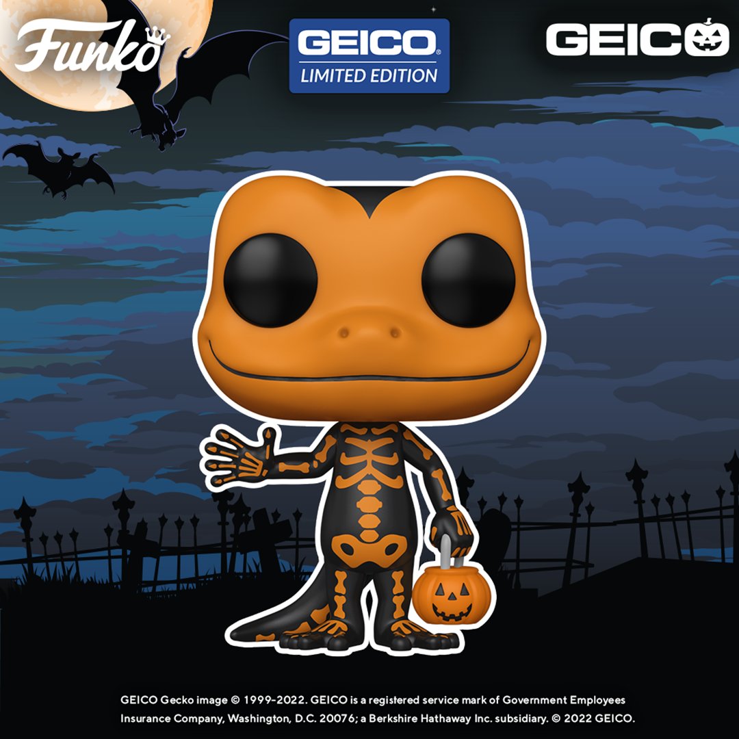 OriginalFunko's tweet photo. Here is a closer look at the newest color of the Gecko Funko POP! We think @TheGEICOGecko makes a pretty cute skeleton POP! if we say so ourselves, ready to help you save by bundling 😊 Happy #GEICOween! https://t.co/3k3gYq0LAW #PlaytoPOP #Funko https://t.co/SVf90es5Vq