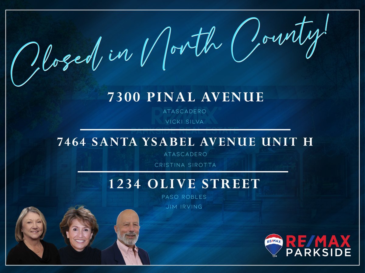 REMAXParksideRE's tweet photo. Our agents are doing work all over the county! Congratulations to our hardworking agents, Vicki Silva, Cristina Sirotta, and Jim Irving, for their closings in North County San Luis Obispo! #REMAX #realestate #wherelegendsaremade https://t.co/qsPJmH3wp8