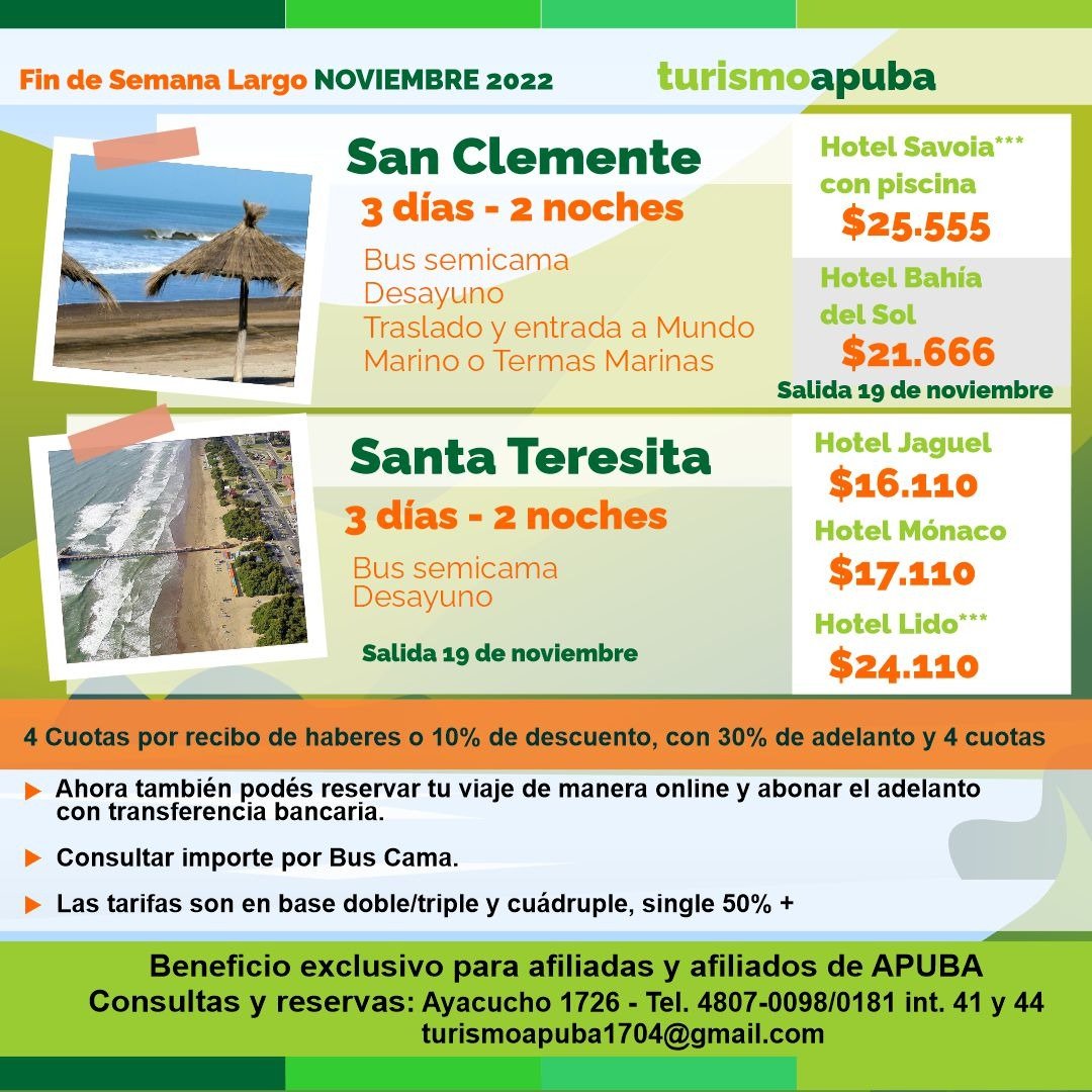 APUBA's tweet photo. FIN DE SEMANA LARGO DE NOVIEMBRE

Propuestas de #TurismoApuba 

Beneficio exclusivo para Afiliadas y Afiliados de #APUBA

Consultas y reservas en Secretaría de Turismo de #APUBA

📌 Ayacucho 1726
☎️ 4807-0098/0181 int. 41 y 44
📧 turismoapuba1704@gmail.com
#Nodocentes https://t.co/ZjMRIEs63T