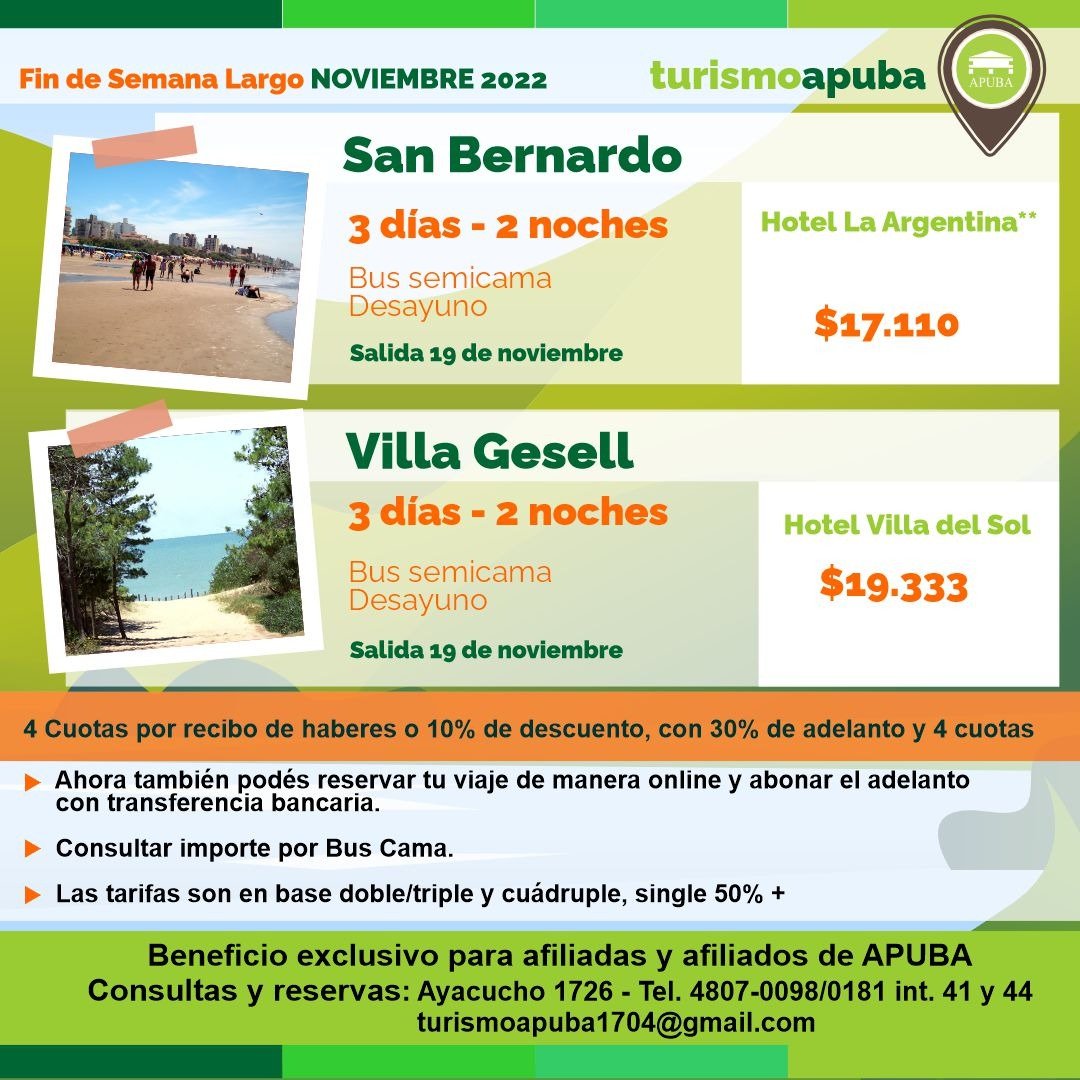 APUBA's tweet photo. FIN DE SEMANA LARGO DE NOVIEMBRE

Propuestas de #TurismoApuba 

Beneficio exclusivo para Afiliadas y Afiliados de #APUBA

Consultas y reservas en Secretaría de Turismo de #APUBA

📌 Ayacucho 1726
☎️ 4807-0098/0181 int. 41 y 44
📧 turismoapuba1704@gmail.com
#Nodocentes https://t.co/ZjMRIEs63T