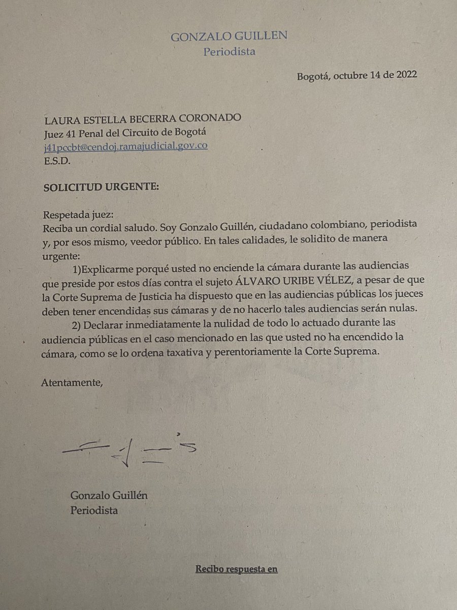 HELIODOPTERO's tweet photo. He solicitado a la Juez 41 Penal del Circuito de Bogotá anular todo lo actuado en las audiencias públicas contra el sujeto Álvaro Uribe. La @CorteSupremaJ ha dispuestos que son nulas las actuaciones de los jueces cuando no encienden las cámaras para dar la cara en las audiencias. https://t.co/ViyI5RGFim