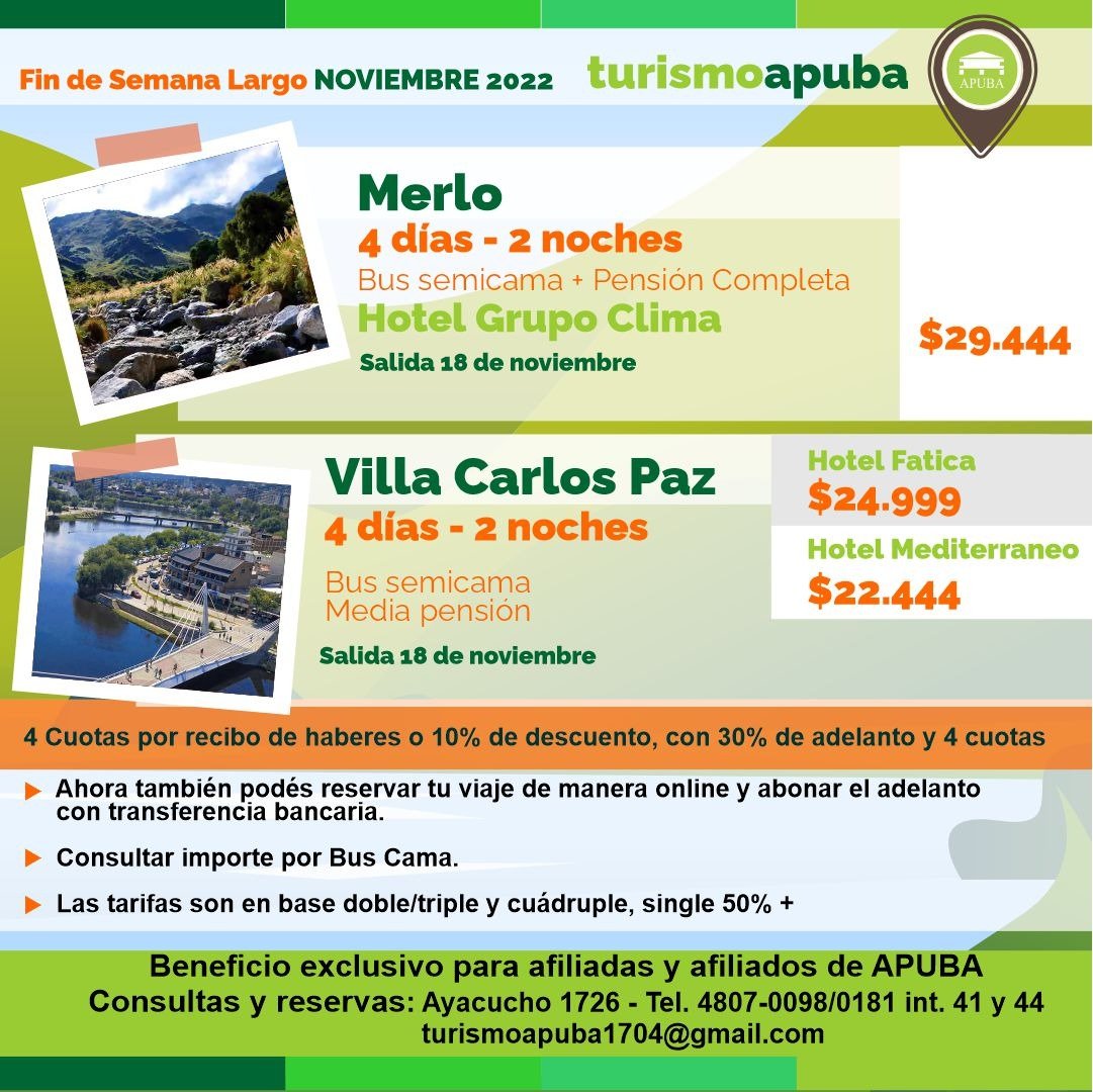 APUBA's tweet photo. FIN DE SEMANA LARGO DE NOVIEMBRE

Propuestas de #TurismoApuba 

Beneficio exclusivo para Afiliadas y Afiliados de #APUBA

Consultas y reservas en Secretaría de Turismo de #APUBA

📌 Ayacucho 1726
☎️ 4807-0098/0181 int. 41 y 44
📧 turismoapuba1704@gmail.com
#Nodocentes https://t.co/ZjMRIEs63T
