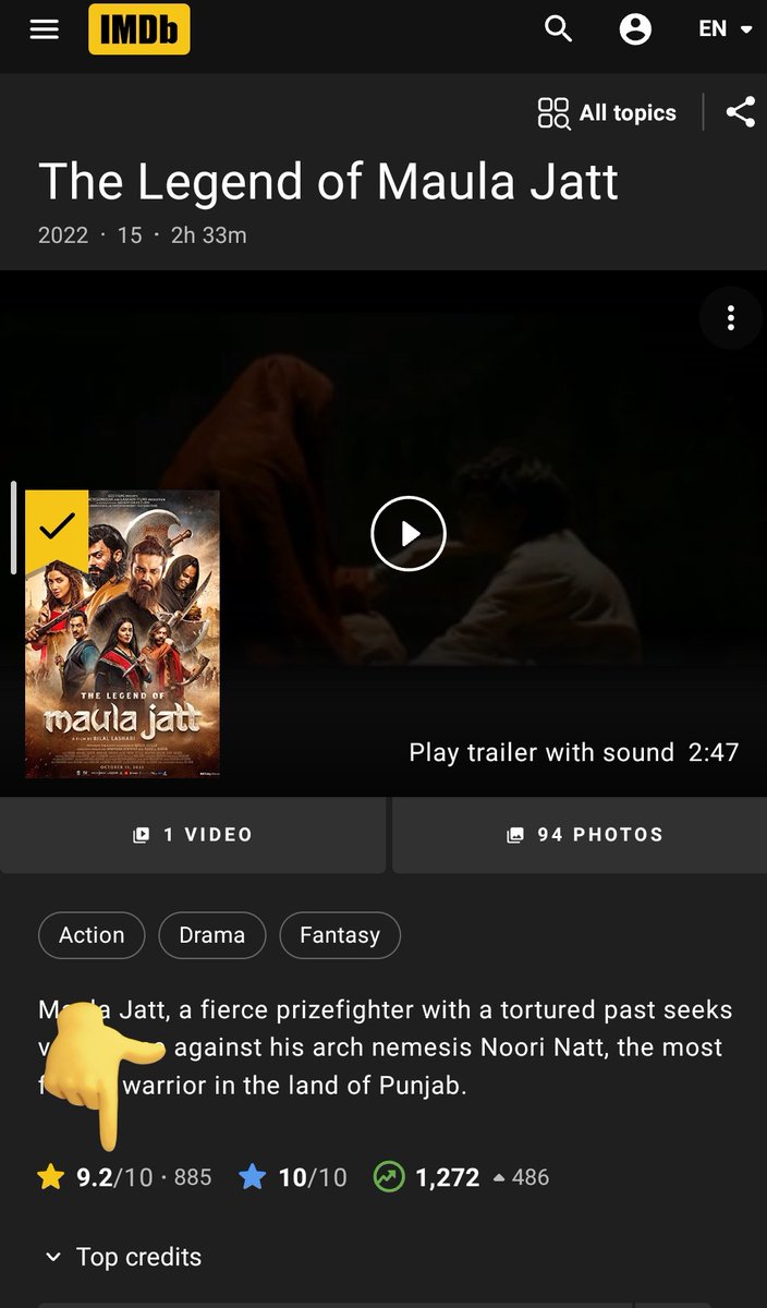 Doctor67545038's tweet photo. "The Legend Of Maula Jatt" with IMDb ratting of 9.2 has become one of the highest rated move in the world 🔥🔥 . Congratulations to the Maula Jatt team on a huge success.
#TheLegendOfMaulaJatt https://t.co/nwuqY9w7p6