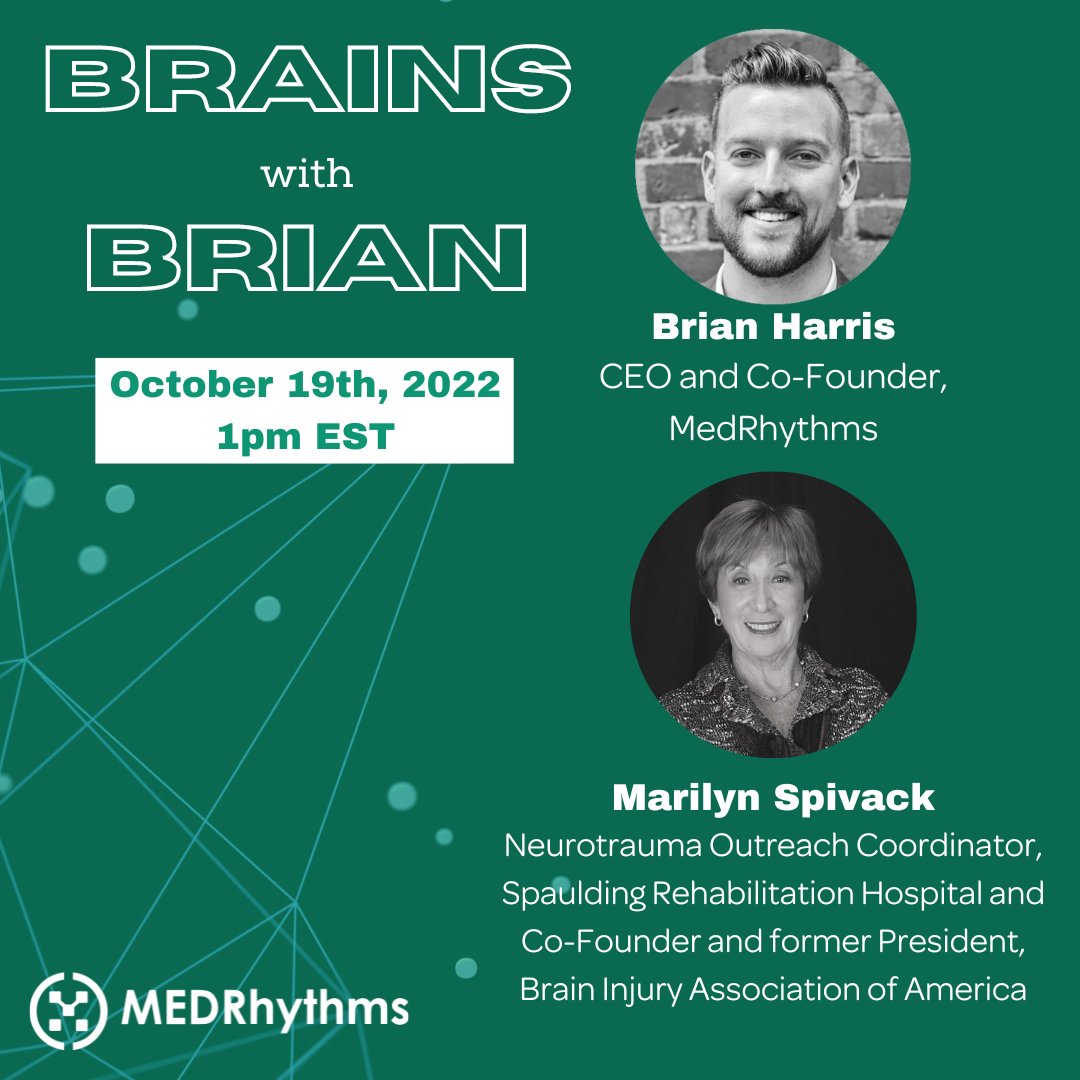 Join us on Wednesday, 10/19 at 1pm EST for the next episode of #BrainswithBrian featuring MedRhythms’ CEO &amp; Co-Founder, <a href="/Brianharris207/">Brian Harris</a>, and <a href="/SpauldingRehab/">Spaulding Rehab</a> Hospital’s Neurotrauma Outreach Coordinator, Marilyn Spivack! Tune in here: us06web.zoom.us/j/87885926045
#neurorehabilitation