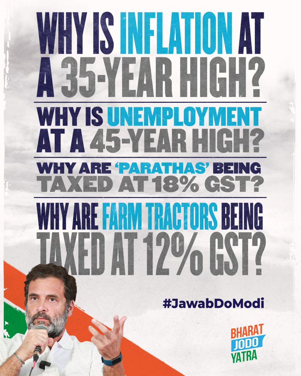 INCDelhi's tweet photo. Why is Inflation at a 35Years High ?
Why is Unemployment at a 45 Years High ?
#JawabDoModi https://t.co/rALCfVN4ks