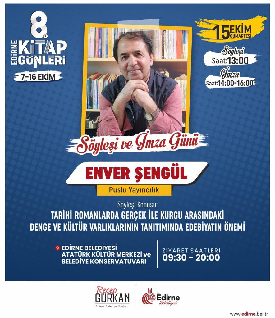 recepgurkan's tweet photo. Edirne 8. Kitap Günleri, bu hafta sonu da söyleşiler ve imza günleri ile  birbirinden değerli yazarları ağırlamaya devam edecek. 

Tüm hemşehrilerimi 15-16 Ekim'de 
Atatürk Kültür Merkezi ve Belediye Konservatuarı'na bekliyorum. 

#EdirneKitapGünleri https://t.co/jewZDZsE8P