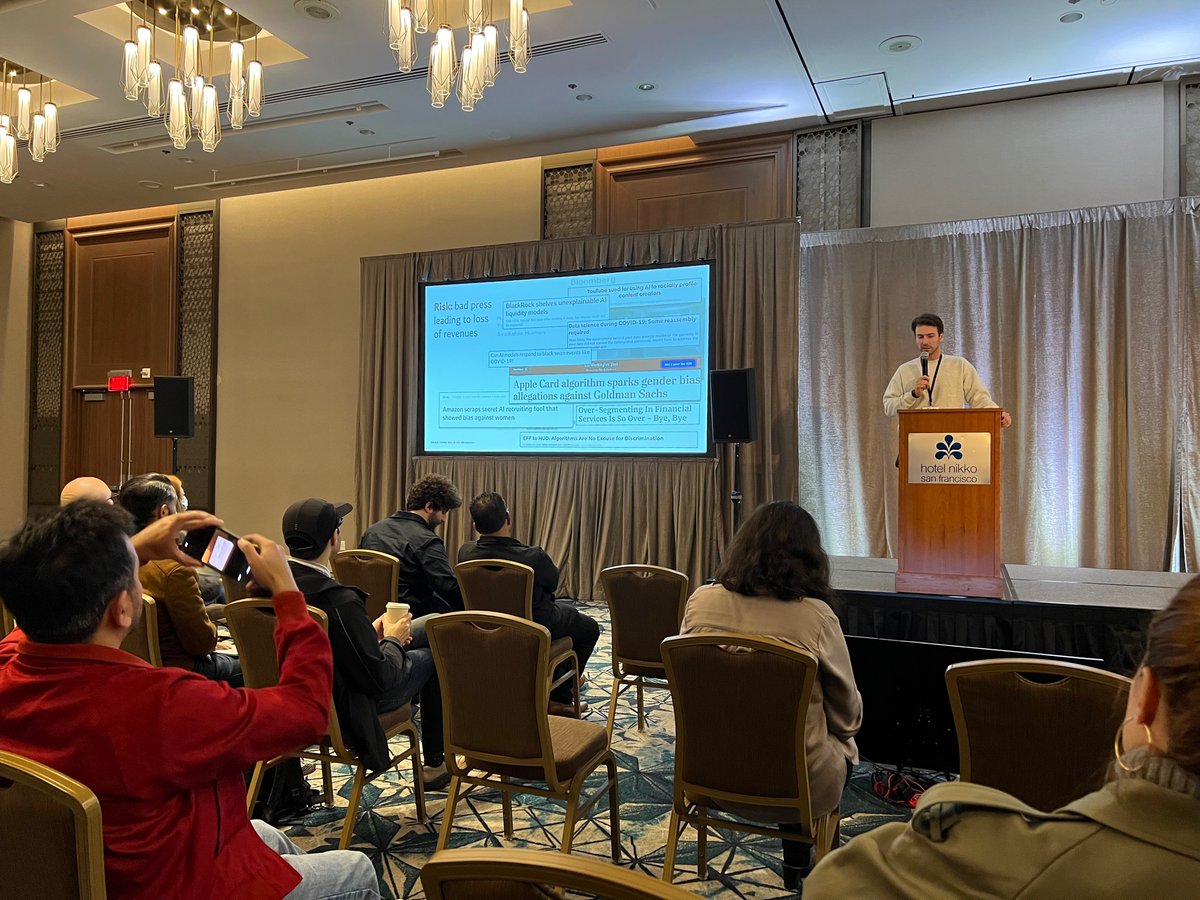 ChiefScientist's tweet photo. And now our own @IBM Director of Data Science & AI Elite, @armand_ruiz, is talking about #AI Fact Sheets, an emerging data governance standard. #MLConf https://t.co/mENpIAzlyD