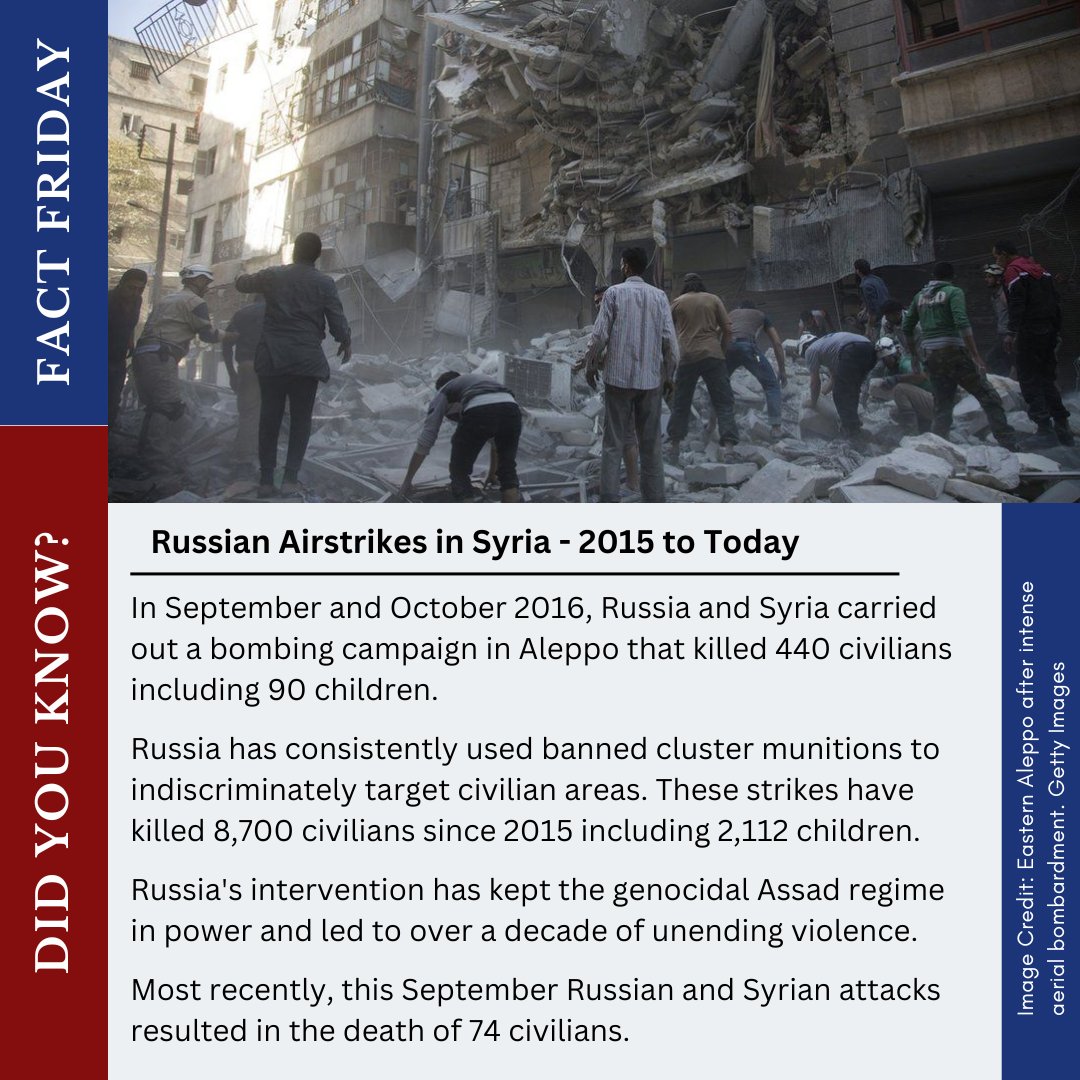 genocide_watch's tweet photo. #Russia is not only carrying out airstrikes and perpetuating violence in #Ukraine, but continues to kill Syrian civilians in what is now a 7 year “intervention” in the #SyrianCivilWar. Just last month 74 civilians were killed by Russian and Syrian forces. #FactFriday https://t.co/B1Mh409gNP