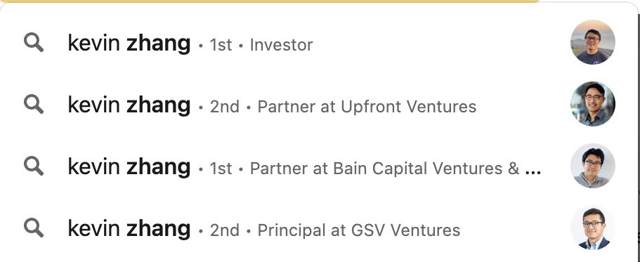 mattturck's tweet photo. How to get a job in venture capital: 

1. Start and exit a cool startup

2. Gain operational experience at a unicorn 

3. Join a VC firm as a junior and climb up the ranks 

OR

4. Change your name to Kevin Zhang https://t.co/ok0IQig9Iw