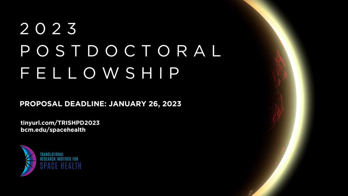 BCMSpaceHealth's tweet photo. POSTDOC OPPORTUNITY: #TRISH is seeking its next class of postdoctoral scientists to tackle the #health challenges of deep #space exploration! 🚀 🌌 #spacehealth 

Proposals due January 26, 2023!

More info: https://t.co/Hcz1fZieq3
Solicitation: https://t.co/C5qzC1D7sI https://t.co/QXqqG0ySiD