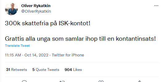 Bara för att vara tydlig här. Har du mot all förmodan 300 000 kr på ditt ISK-konto är detta en årlig skattesänkning på mindre än 100 kr i månaden. 

Medianspararen har cirka 50 000 kr, så en skattesänkning på lite över 15 kr i månaden.