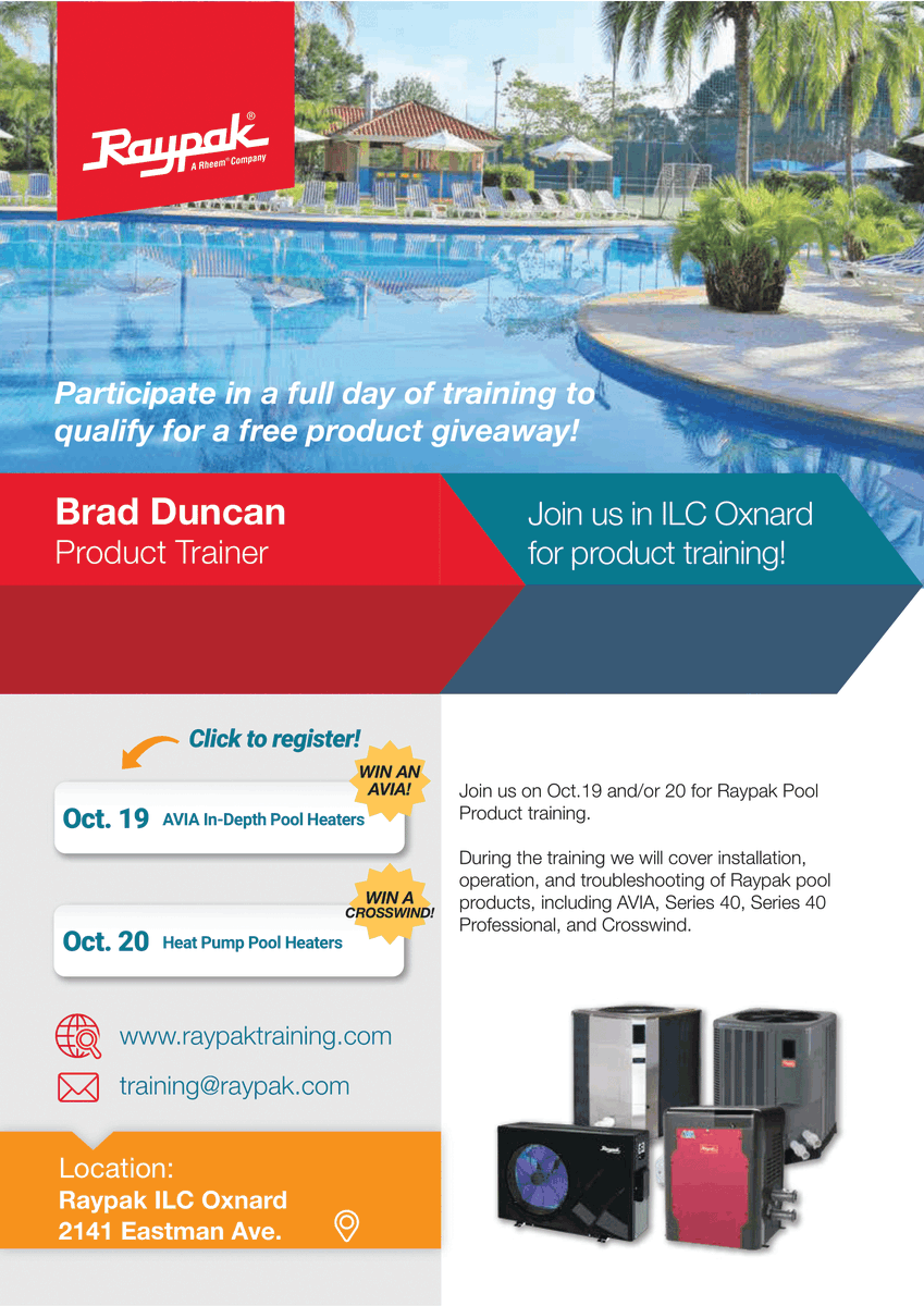 ThePHTA's tweet image. Join #Raypak for their upcoming Raypak Pool Product Training on October 19th and/or 20th! 

&amp;gt; Register for AVIA In-Depth Pool Heaters - cvent.me/9B0gZA 
&amp;gt; Register for Heat Pump Pool Heaters - cvent.me/Rk8e2v

#RaypakTraining #FreeSeminars #ILCOxnard
