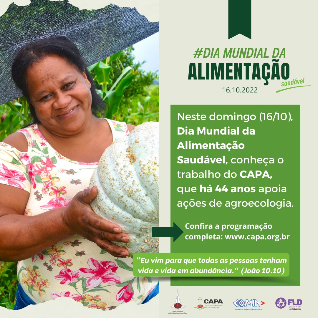 🌻 Ações alusivas ao #DiaMundialDaAlimentação serão promovidas por FLD-COMIN-CAPA em comunidades luteranas IECLB do PR e RS neste domingo, 16 de outubro. 

Veja a programação completa e participe!📲 capa.org.br/2022/10/6440/