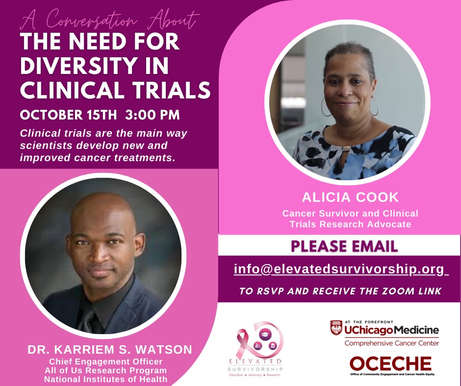 UCCancerCenter's tweet photo. Clinical trials make new treatments possible, and diversity is critical to ensuring more people benefit from advances in cancer care. All are welcome to join this important discussion sponsored by @UCMOCECHE @OCECHEGinaCurry and Elevated Survivorship. https://t.co/XyTjiVttAV