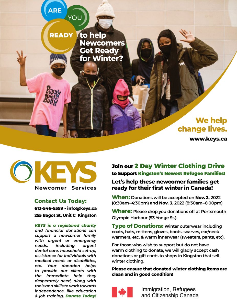 kfacc's tweet photo. Help Support Newcomers in Kingston Heading into their First Winter in Canada!
Donations accepted at the Portsmouth Olympic Harbour (53 Yonge St.) on Nov 2nd &amp; Nov 3rd.
Financial donations &amp; gift cards are also accepted and can be made via Canada Helps or in person at our offices. https://t.co/iskrECNa2c