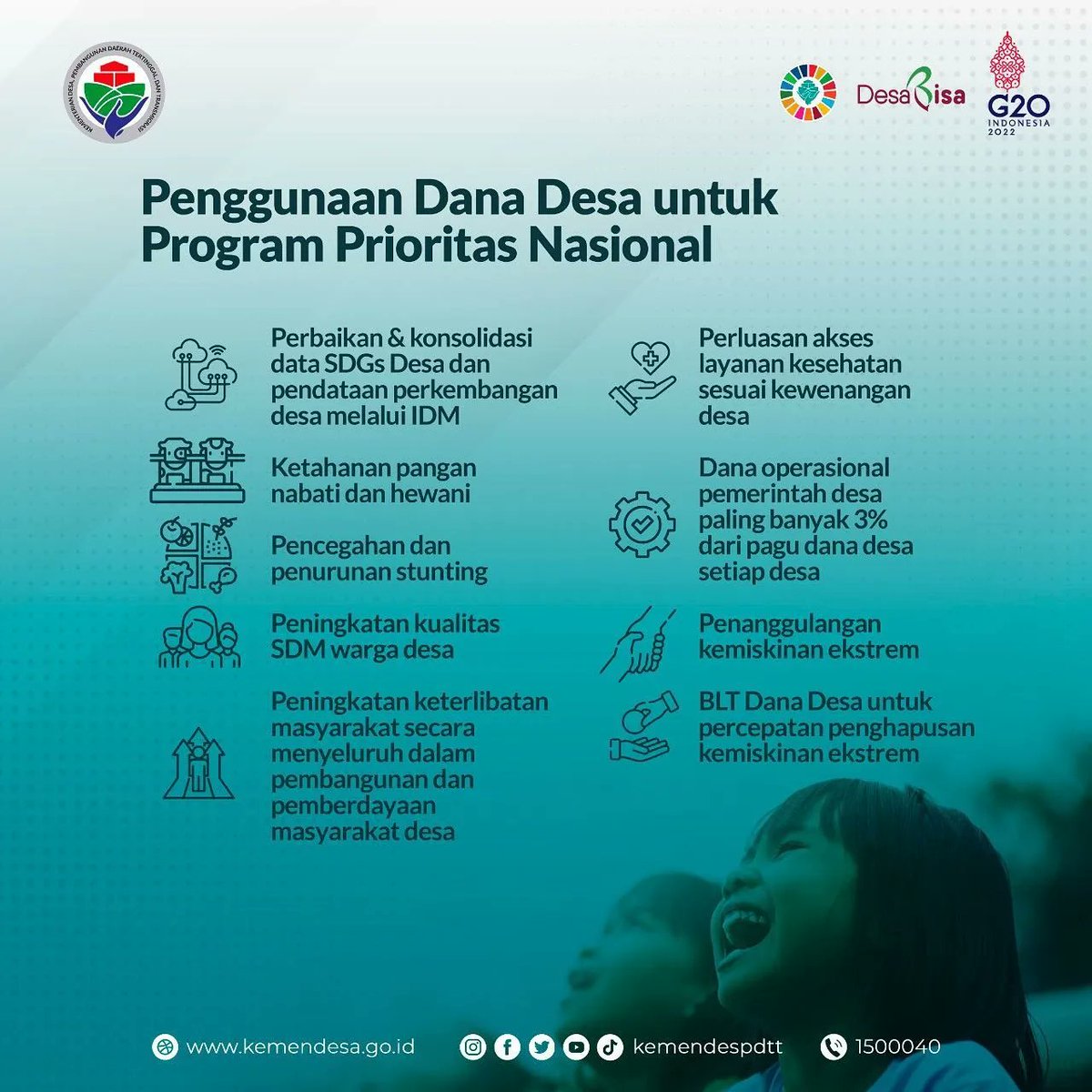 gerbangdesaID's tweet photo. 1. Pemulihan ekonomi nasional sesuai kewenangan desa 
2. Program prioritas nasional sesuai kewenangan desa 
3. Mitigasi penanganan bencana alam dan non alam sesuai kewenangan desa

Pelajari dan simak baik-baik ya. 

#KemendesPDTT 
#RecoverTogether #StongerTogether 
#SDGsDesa https://t.co/1IKR9sTE8M