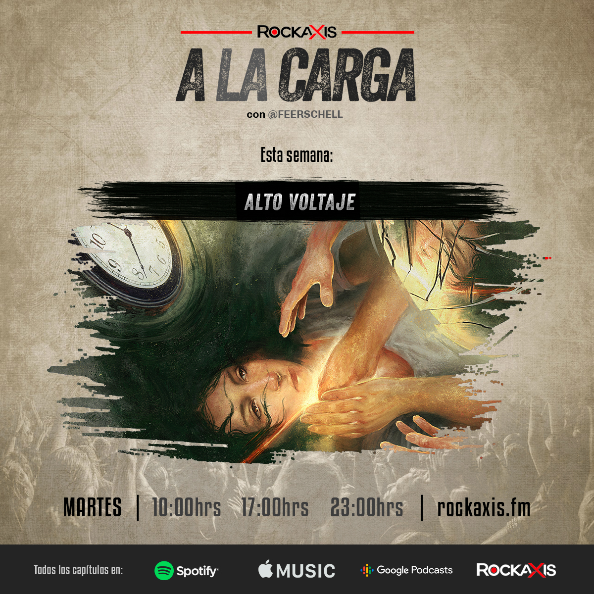 rockaxisoficial's tweet photo. Este martes volvemos con todo en A la carga. Escucharemos a Alto Voltaje, Banda Destruida, Modoazul, @meridianosbanda, @soponciorock y @ciotripach. Escúchalo a las 10, 17 y 23 hrs por https://t.co/UpQaeYARPC. Conduce: @Feerschell https://t.co/ZE6tKYAOVe