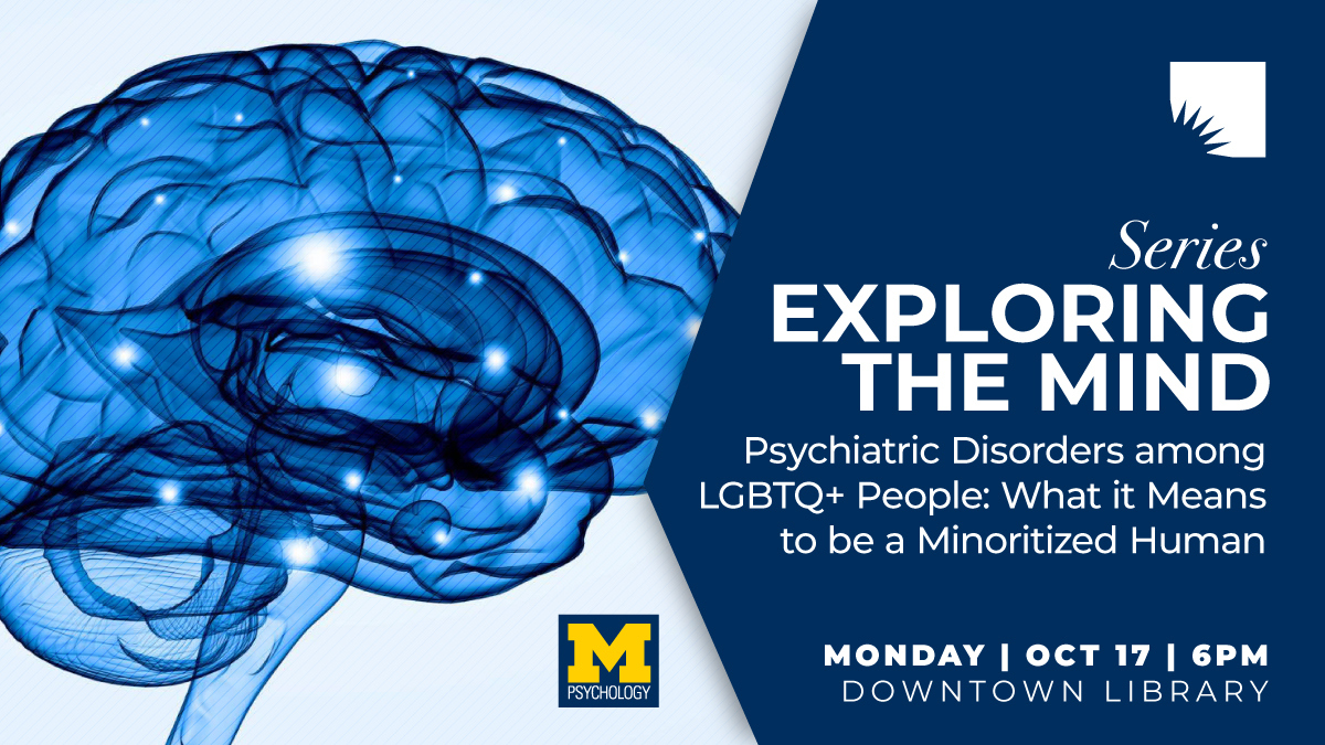 Ann Arbor District Library (@aadl) on Twitter photo Join AADL for Exploring the Mind–Monday (Oct. 17) at 6pm at the Downtown Library. <a href="/UMich/">University of Michigan</a> Assistant Professor of Psychology Craig Rodriguez-Seijas presents his latest research on psychiatric disorders among LGBTQ+ people.
Details: aadl.org/node/609937 Join AADL for Exploring the Mind–Monday (Oct. 17) at 6pm at the Downtown Library. <a href="/UMich/">University of Michigan</a> Assistant Professor of Psychology Craig Rodriguez-Seijas presents his latest research on psychiatric disorders among LGBTQ+ people.
Details: aadl.org/node/609937