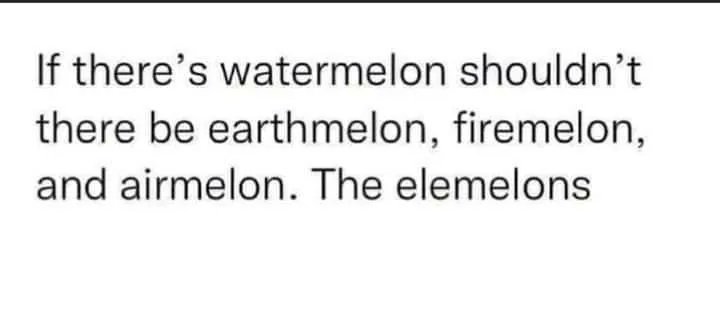 FentressValerie's tweet image. If there's a watermelon, shouldn't there be an earthmelon, firemelon, airmelon. The elemelons. #humor #humorwithheart #laugther #wordsarefun