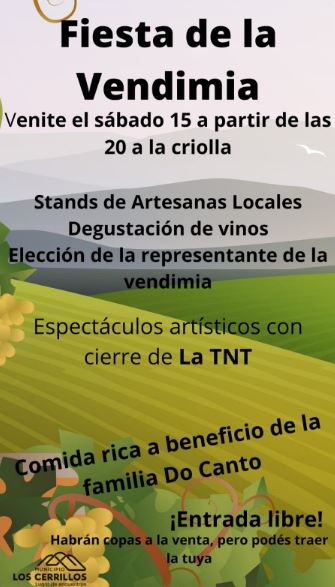 FIESTA DE LA VENDIMIA EN LOS CERRILLOS
Mañana desde las 20 hs. La Criolla.
Stand de <a href="/LaCataEnTuCasa/">LacataEntuCasa</a> 
TENGO UNA HISTORIA PARA CONTARTE
<a href="/LosCerrillos_U/">Municipio Los Cerrillos</a> 
Apoya: Bodega Don Pose
#vino 
#Patrimonio