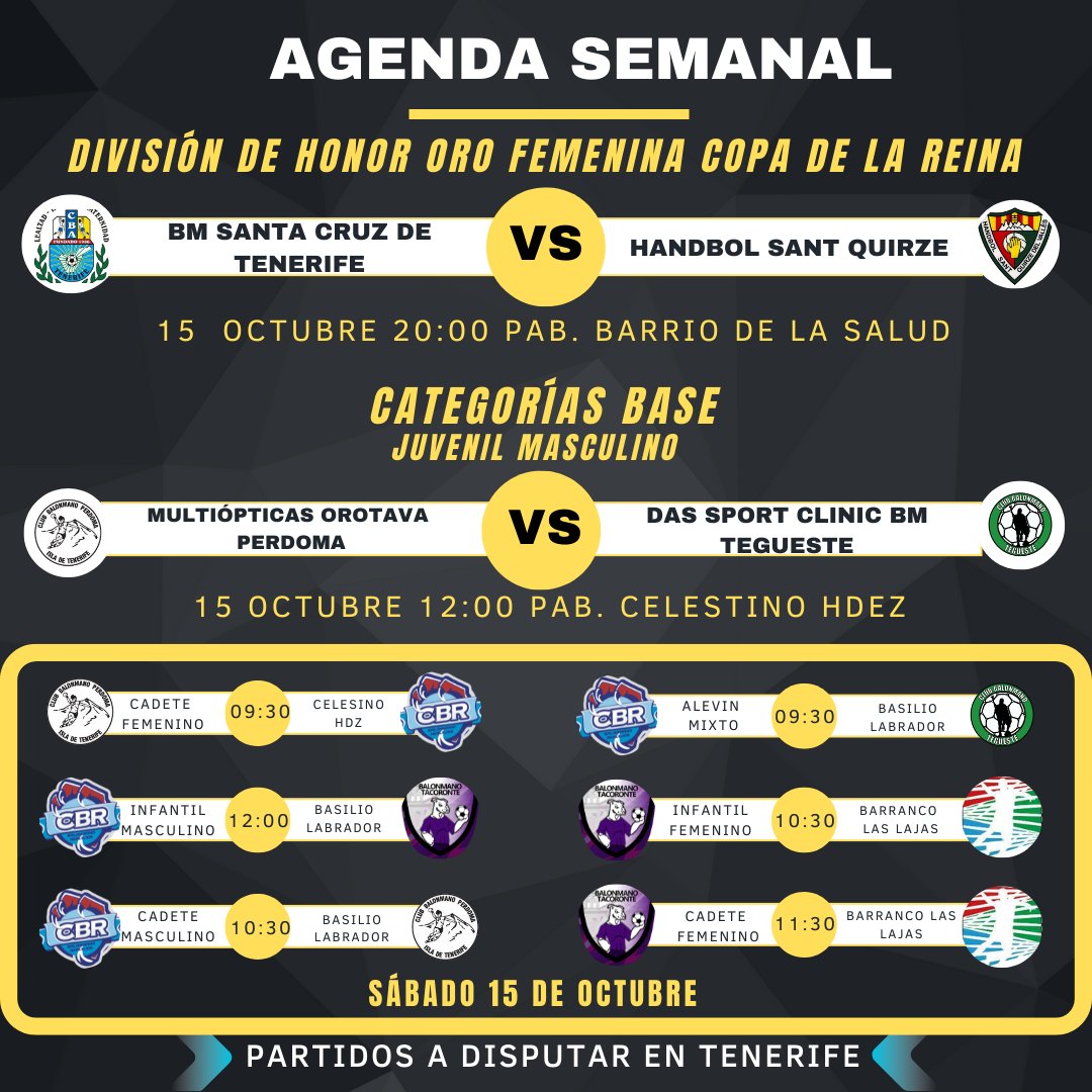 Partidos a disputarse en nuestra isla este fin de semana....
#balonmano #balonmanoentenerife #balonmanofemenino