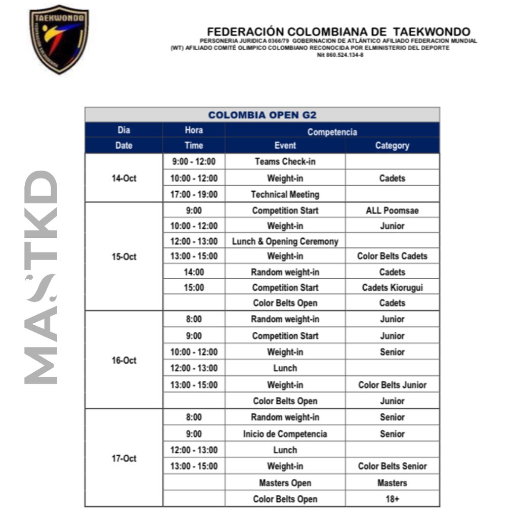 mastaekwondo's tweet photo. 🇨🇴 MASTKD EN COLOMBIA.
🥋 Actions of the 2022 Pan American Children Championships “Sogamoso 2022”.
🤜🏻 Un nuevo evento, un nuevo desafío, una nueva ilusión.
👉🏻 #MASTKD #MASTAEKWONDO #TKD #Taekwondo #Kyorugi #PATU #WT #Colombia #Boyacá #Sogamoso #TKDEsVida #TKDIsLife https://t.co/GE8Oy3Pwxc