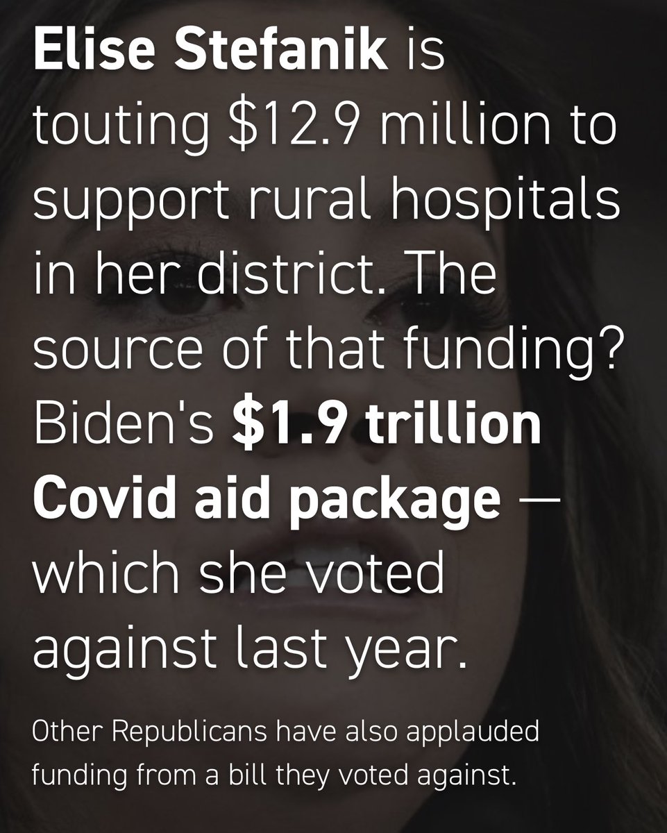 Everyone retweet this and expose @EliseStefanik for the fraud she is. She’s bragging about money from a bill she voted against. The GOP doesn’t care about people. They care about power. And they know people love Biden’s bill. Share far and wide!! politico.com/minutes/congre…