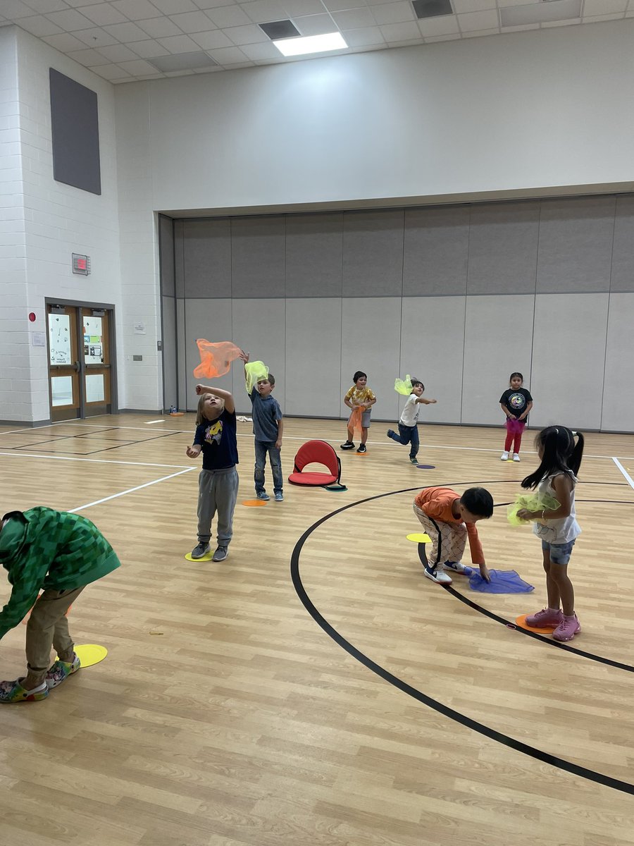 Kindergarten and 1st grade is working on scarf exploration this week. We are focusing on directional cues, locomotor movements, tossing and catching, shapes, and so many other things. All this with a single scarf! <a href="/SouthLakesEl1/">South Lakes Elementary</a>