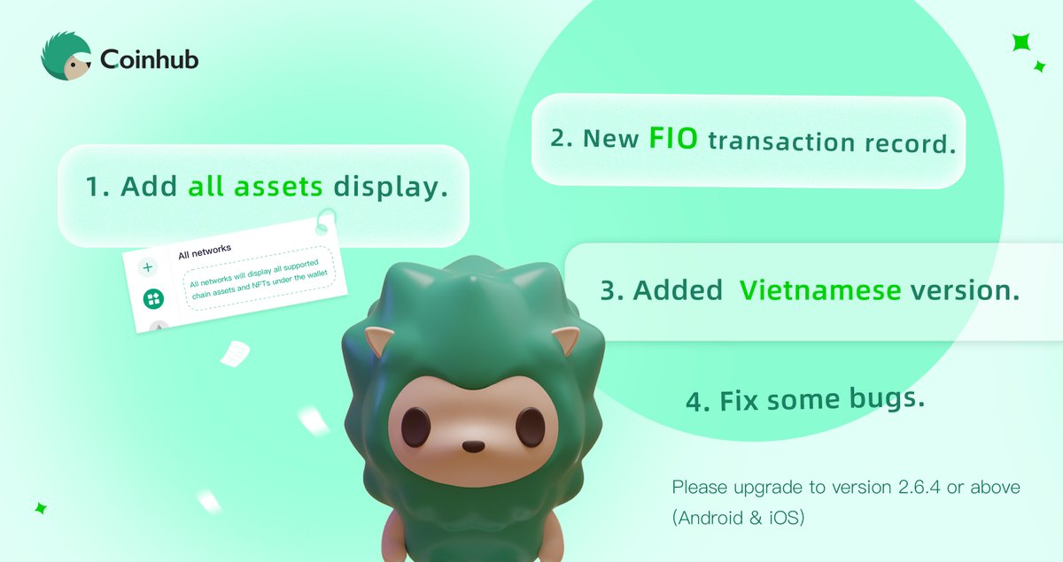 Coinhub_Wallet's tweet photo. Coinhub 2.6.4 Version Update🥰 What's news?
✅Add all assets display
✅New FIO transaction record
✅Added Vietnamese version
✅Fix some bugs

#CoinhubWallet is a user-friendly multi-chain wallet. Your gateway to #Web3.  
📥Download Coinhub: https://t.co/McwvPDbNOf

#BTC #Ethereum https://t.co/ZMTCSCX9jU