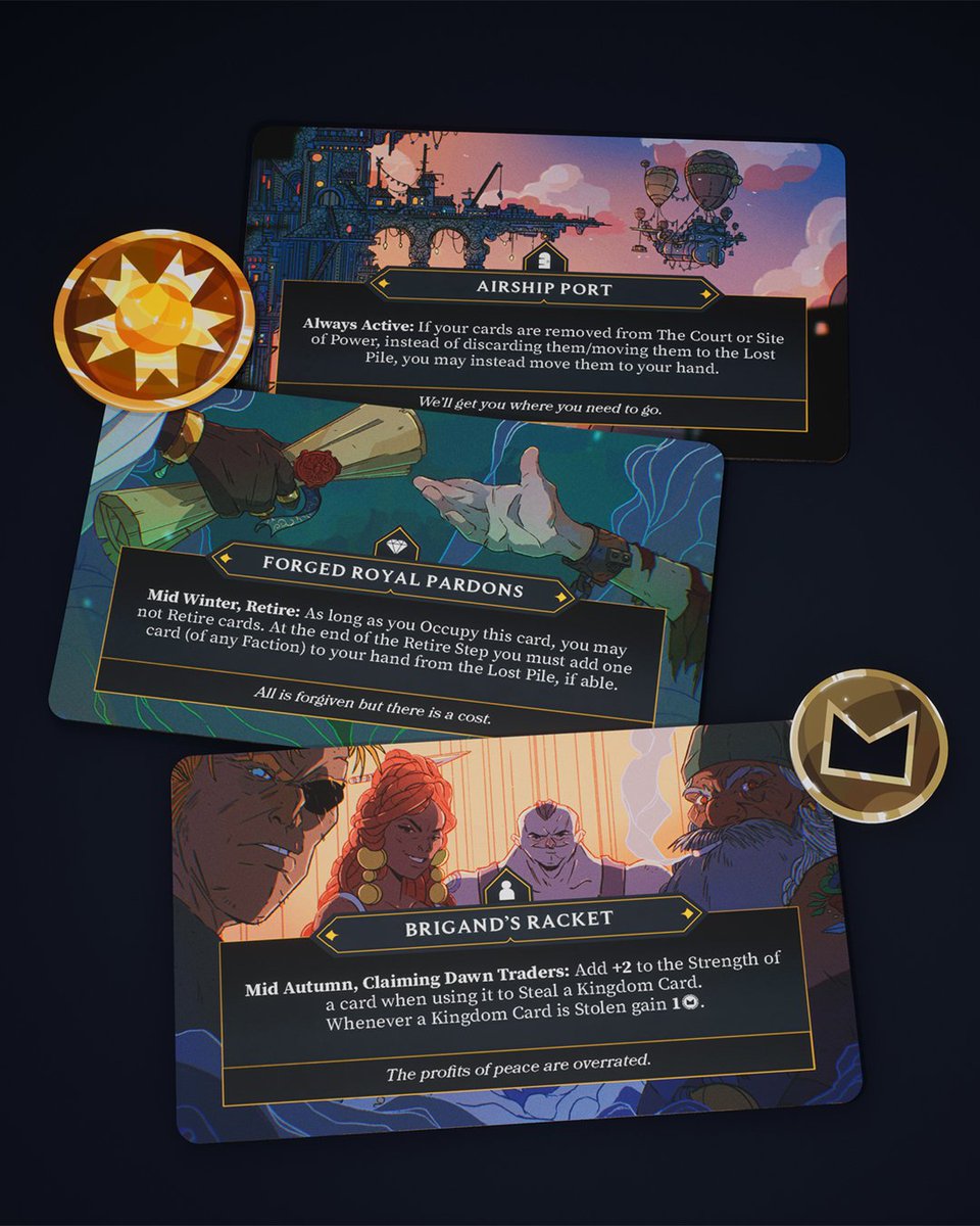 The Kingdom Deck’s many cards represent the faction-agnostic people &amp; places that can be won over to your side, dramatically altering your suite of strategies.

However guard them well, as like all good secrets they can be stolen.