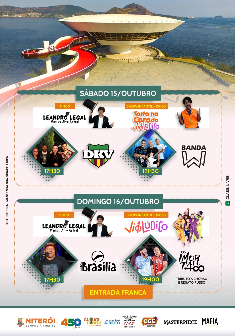 No próximo fim de semana, dias 15 e 16 de Outubro, acontece a segunda edição do evento “Final de semana do M.A.C. - Música, Arte e Culinária” na Praça do MAC Niterói 🛸🎉 O evento começa às 10h da manhã e termina com a Praça do museu fechando mais tarde, às 21h!

Não perca! 🤩