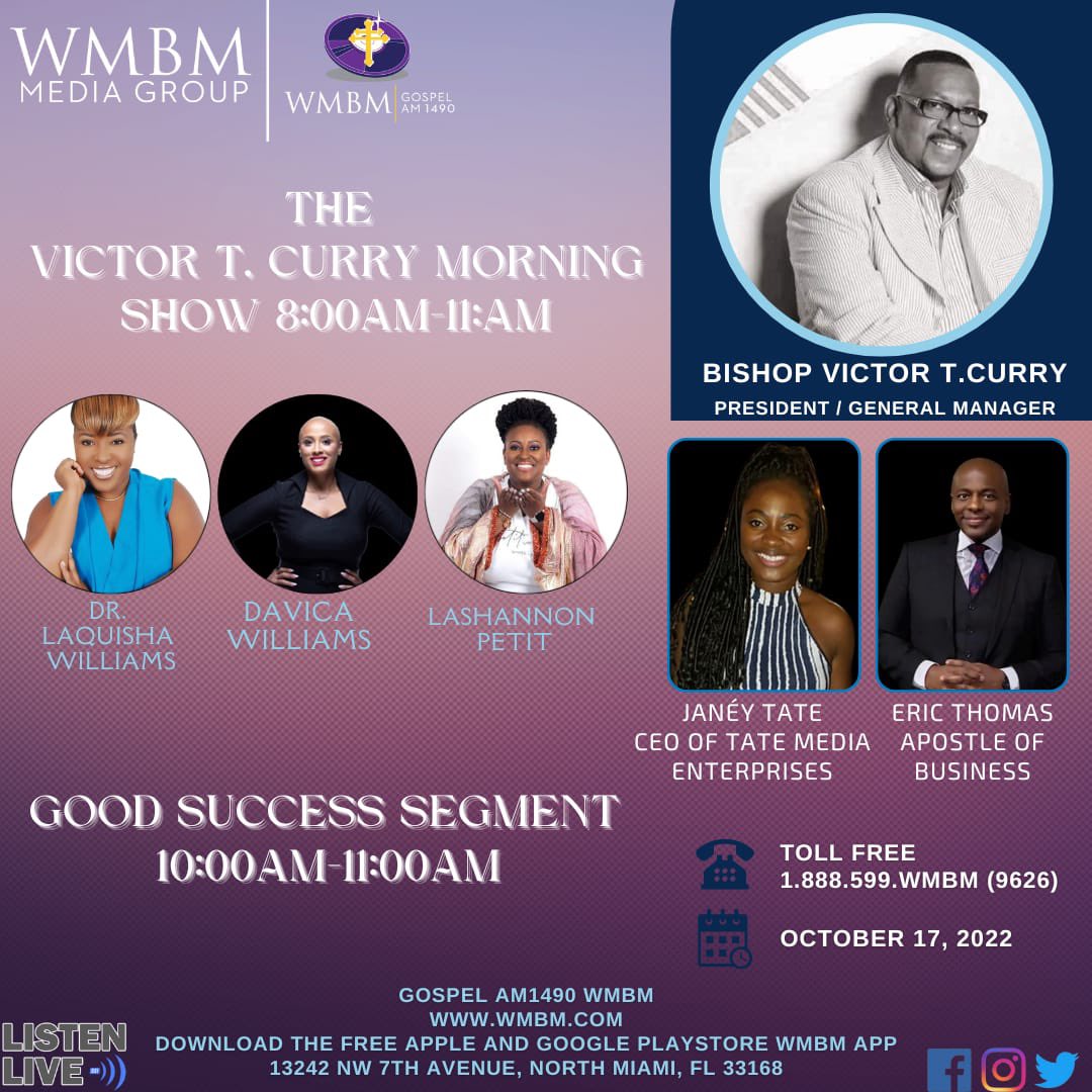 prplmiami's tweet photo. Weβre getting down to business on the #GoodSuccessSegment. Join us Monday, Oct 17 as we interview @Janey_Tate + Eric Thomas. Set your β° + tune in to βThe Take Over Crewβ at 10am EST via @AM1490WMBM.
..
#GoodSuccessMonday #AM1490WMBM #womeninradio #talkradio https://t.co/uvnTevqGCX