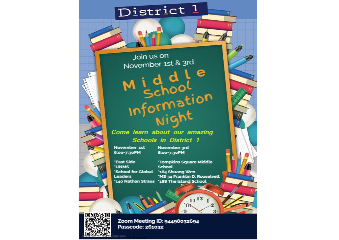 District1NYC's tweet photo. Middle School Information Night
Tuesday, November 1st at 6:00 P.M. 
Thursday, November 3rd at 6:00 PM 

Zoom Link below:
https://t.co/dH4gGD0Kx3 https://t.co/550BI2RgLJ
