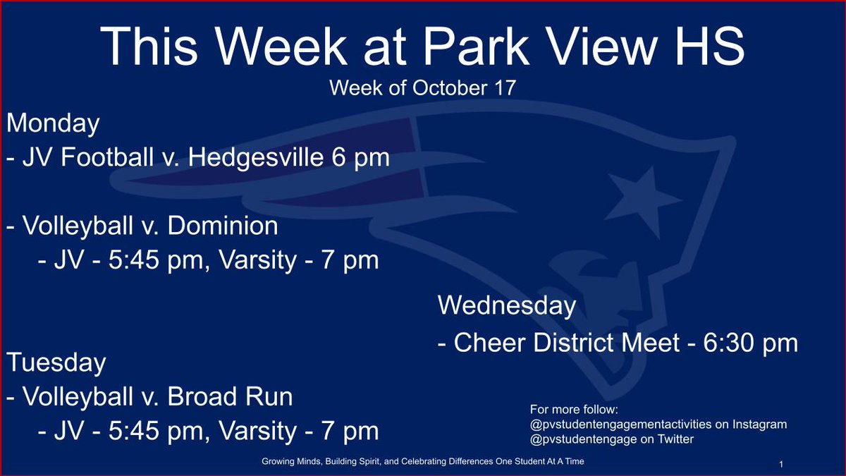 PVStudentEngage's tweet photo. Hope to see you at PV this week!!! #GoPatriotsGo
TONIGHT (10/14): V. Football v. TJ at 7 pm https://t.co/Td0AeQwp1O